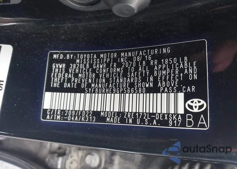 2016 Toyota Corolla S Plus z USA, uszkodzony, nr VIN 5YFBURHE9GP566580